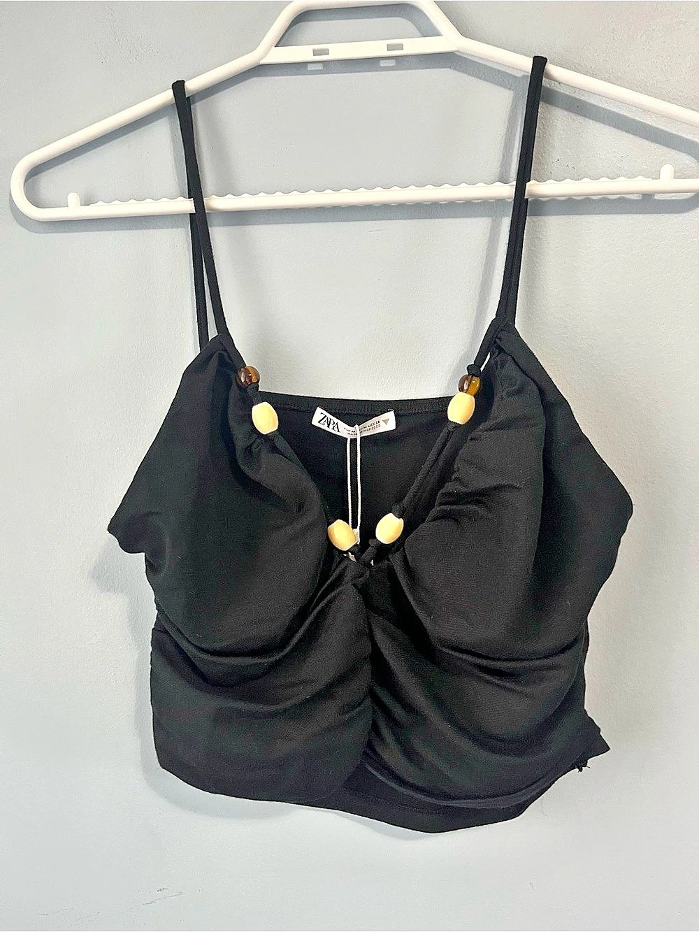NWT Zara Black Beaded Ruched Cropped Spaghetti Strap Tank Top Size M